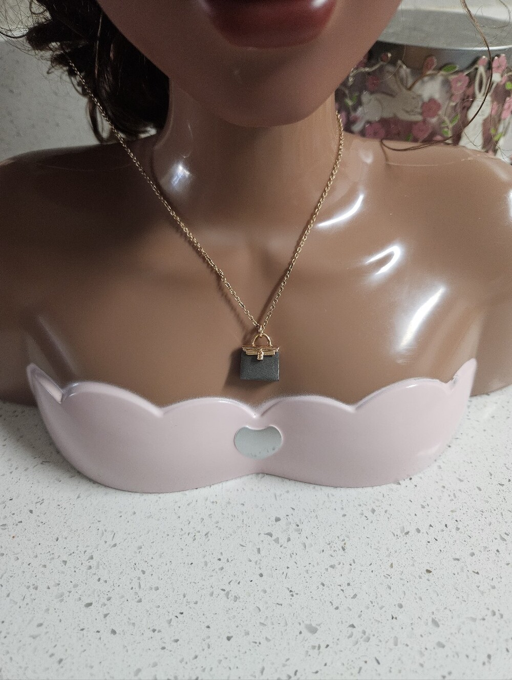 Hermes Kelly Gold-Tone Necklace with Gray Purse Charm